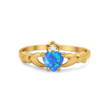 Irish Claddagh Heart Promise Ring Yellow Tone, Lab Created Blue Opal 925 Sterling Silver